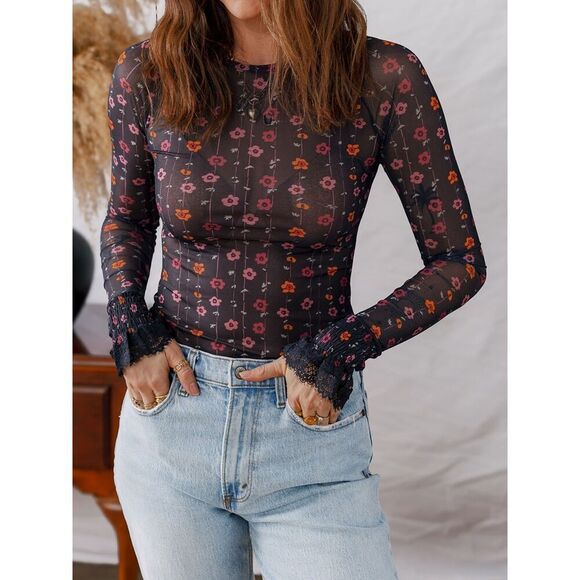 Floral Print Smocked Ruffle Cuff Slim Fit Mesh Bodysuit Sz Small - Picture 6 of 7